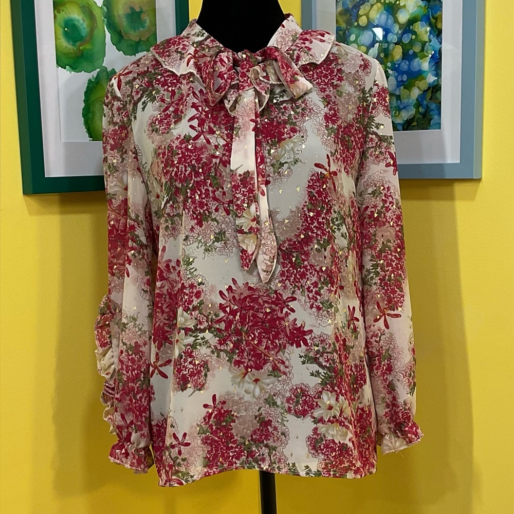 Stunning Berry Floral & Gold-Flecked Ruffled Secretary Blouse Size Medium